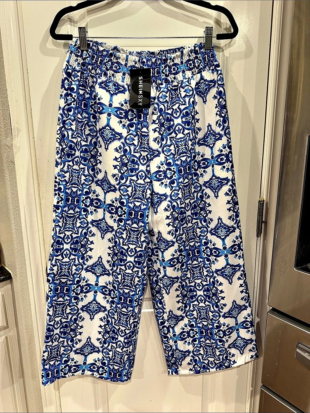 SHEIN Blue & White Geometric Wide Leg Pants NWT petite large